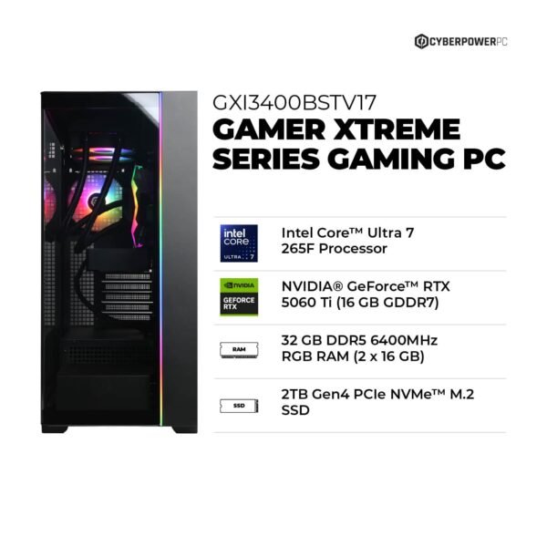 00430927-36fc-4a67-867b-999da010a1c5.jpg CyberPowerPC - Gamer Xtreme Gaming Desktop - Intel Core Ultra 7 265F - 32GB Memory - NVIDIA GeForce RTX 5060 Ti 16GB - 2TB PCIe 4.0 SSD - Black