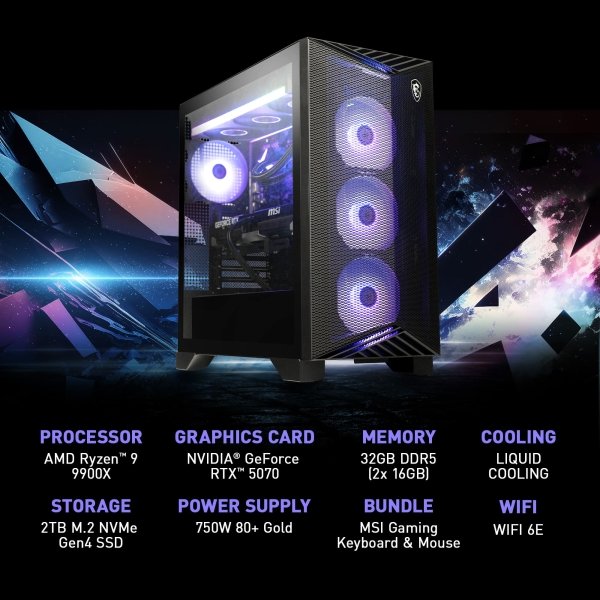 MSI - Aegis ZS2 Gaming Desktop - AMD Ryzen R9-9900X - 32GB Memory - NVIDIA GeForce RTX 5070 - 2TB SSD - Black