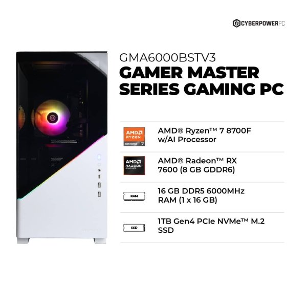 09835bcd-4b1c-498a-a9d9-39cdeb6c8d9b.jpg CyberPowerPC - Gamer Master Gaming Desktop - AMD Ryzen 7 8700F - 16GB Memory - AMD Radeon RX 7600 8GB - 1TB PCIe 4.0 SSD - White