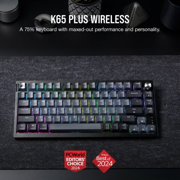 1173c269-7bee-4713-8ca1-f4e213838bb6.jpg CORSAIR - K65 PLUS RGB 75% Wireless Mechanical Pre-Lubricated MLX Red Linear Switch Gaming Keyboard with Hot-Swappable Switches - Black/Gray