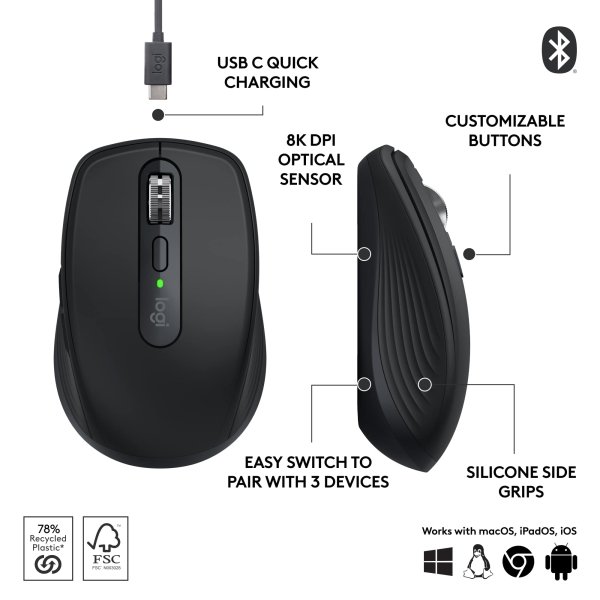 Logitech - MX Anywhere 3S Wireless Bluetooth Optical Fast Scrolling Mouse with Programmable Buttons - Wireless - Black